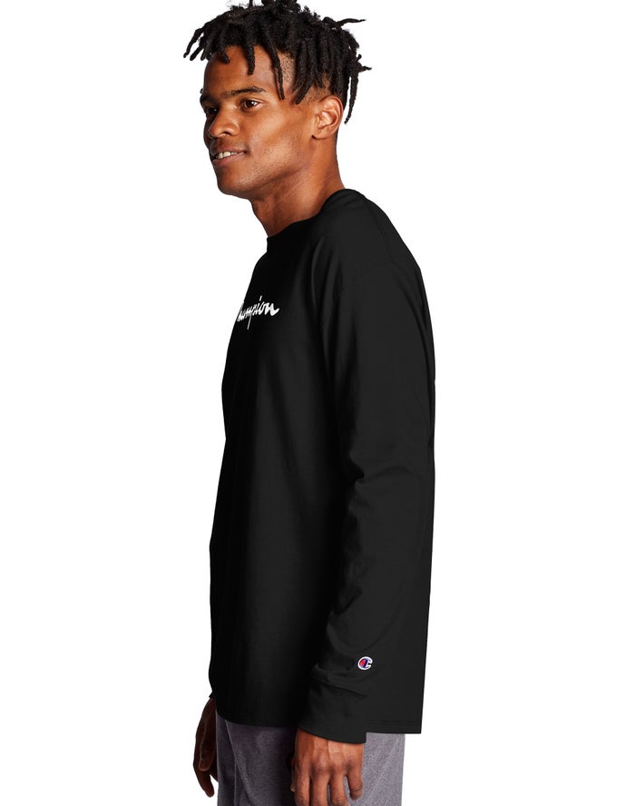 Champion Classic Long-Sleeve Script Logo Black T-Shirt Mens - South Africa SHVLED651